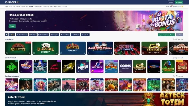 Eurobet Casino lobby con slot esclusive, giochi disponibili 2025