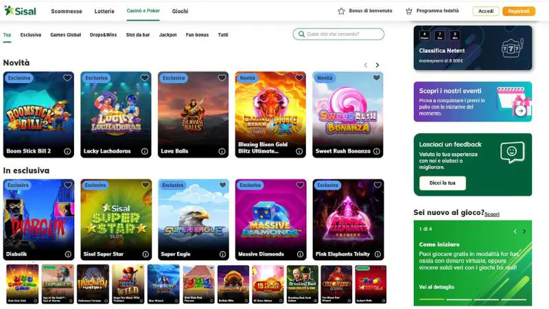 SISAL Casino lobby con slot esclusive, giochi disponibili 2025