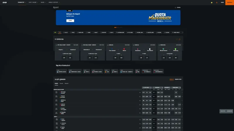 SNAI Scommesse lobby con palinsesto eventi sportivi live, calcio serie A, quote competitive 2025