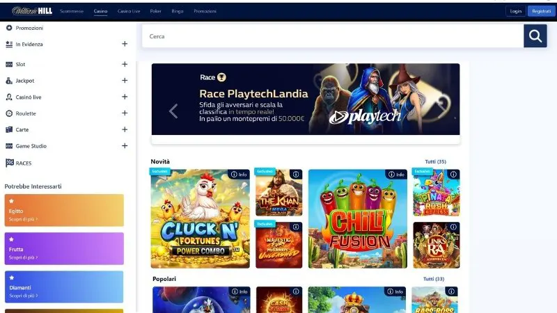 William Hill Casino lobby con slot esclusive, giochi disponibili 2025