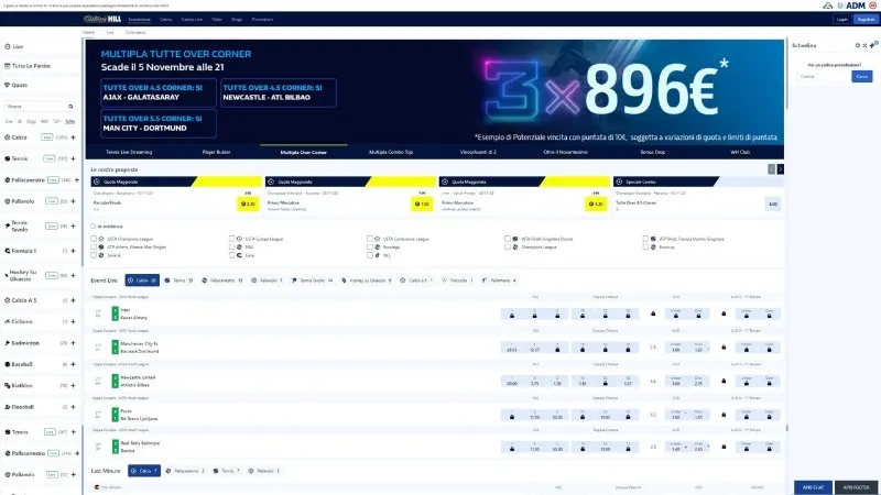 WILLIAM HILL Scommesse lobby con palinsesto eventi sportivi live, calcio serie A, quote competitive 2025